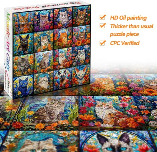 Vista 4 de Bgraamiens Rompecabezas de arte de mosaico de gatos, 1000 piezas, arte de vidrieras con gatos y flores, desafío de color para adultos