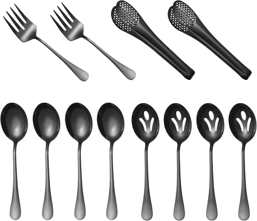 Vista 10 de Utensilios negros para servir, juego de 8 utensilios de acero inoxidable para servir, incluye cucharas de servir, tenedor de servir, cucharón