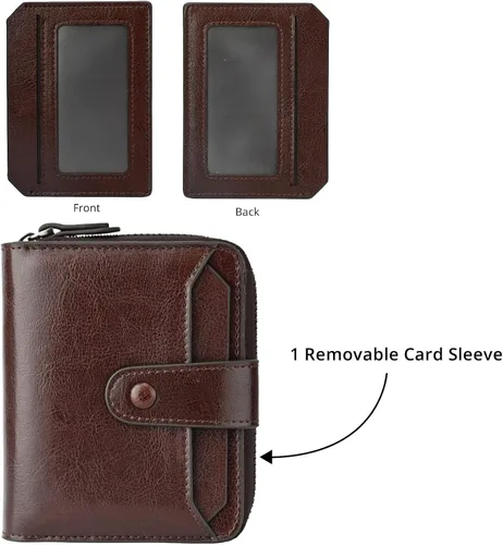 Vista 4 de Carteras pequeñas para mujer, con bloqueo RFID, de cuero, con cremallera, bolsillo para monedas, tarjetero, con ventana de identificación, Café