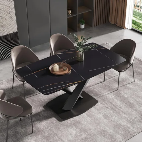Vista 11 de Mesa de comedor moderna, mesa de comedor de piedra sinterizada blanca antigua con base de acero al carbono sólido en forma de X, mesa de comedor
