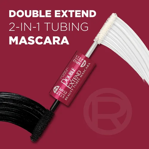 Vista 2 de L'Oreal Paris Makeup Double Extend Tubing Mascara, máscara de 2 pasos para alargar, a prueba de manchas, negro, paquete de 2