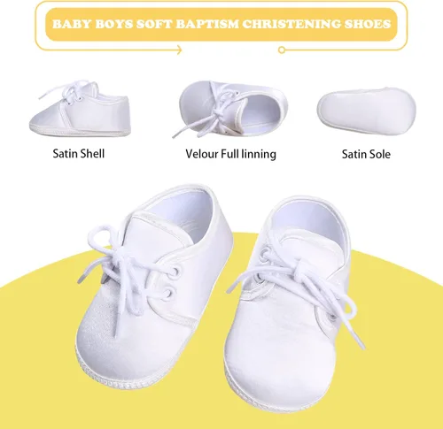 Vista 3 de Booulfi Botines de bebé para recién nacidos para bautizo, vestido blanco con cruz de bautismo
