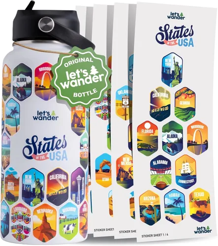 Vista 9 de LET'S WANDER Lets Wander 50 States - Botella de agua con calcomanías impermeables, acero inoxidable aislado a prueba de fugas de 32 onzas