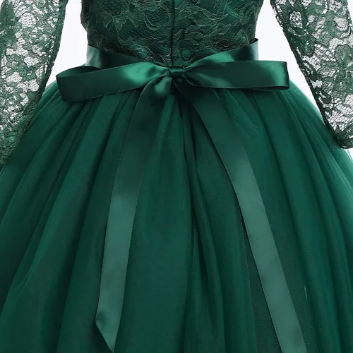 Vista 4 de Vestido largo de encaje para dama de honor con mangas 34, longitud hasta el suelo, boda, fiesta, noche, formal, pegeant maxi vestidos de tul