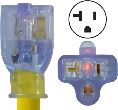 Vista 3 de Adaptador de cable en Y para RV Conntek, 3-pies, 30 amperios, para conectar 2 U.S, conector de tres patas (15 a 20 amperes) con luz indicadora