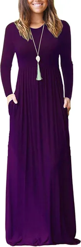 Vista 28 de Vestido de manga larga para mujer, holgado, liso, largo, estilo informal, con bolsillos. 01-verde militar