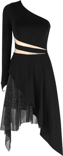 Vista 5 de JEATHA Vestido de baile latino asimétrico de manga larga para mujer, con un solo hombro