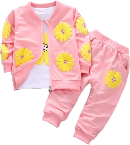 Vista 4 de Yao Conjunto de 3 piezas con estampado de flores para niñas pequeñas de 1 a 5 años, chaleco y pantalones Verde