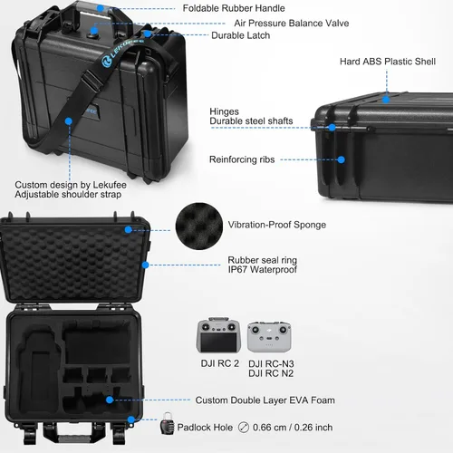 Vista 3 de Lekufee Funda rígida impermeable compatible con DJI Air 3S/3 Drone/Fly More Combo/RC 2/N3/N2 mando a distancia y accesorios (solo funda)