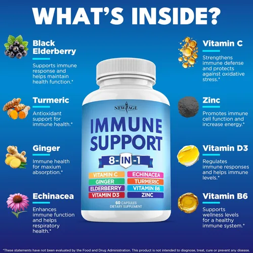 Vista 2 de Suplemento potenciador de apoyo inmunológico 8 en 1 con equinácea, vitamina C y zinc 50mg, vitamina D 5000 UI, cúrcuma curcumina y jengibre, B6
