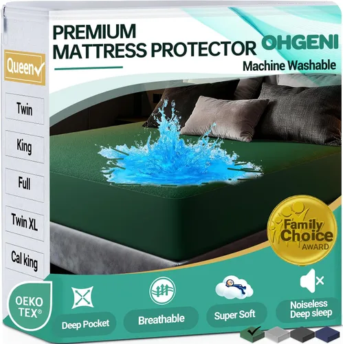 Vista 34 de OhGeni - Protector de colchón impermeable, tamaño Queen, con bolsillo profundo de 6 a 18 pulgadas, transpirable, sin ruido, suave, lavable, a prueba