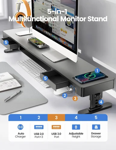 Vista 2 de meatanty Soporte de Monitor Doble con 4 Alturas Ajustables, Almohadilla de Carga Automática para Teléfono, 4 Puertos USB, Elevador de Computadora