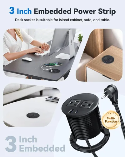 Vista 5 de Ojal de alimentación de escritorio con carga rápida USB C de 20 W, regleta de alimentación empotrada de 3 pulgadas para escritorio, mesas de Negro