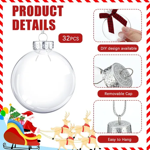Vista 2 de Yookeer 64 discos de plástico para adornos navideños, bolas de plástico iridiscentes transparentes rellenables con tapa plateada y lazos a cuadros