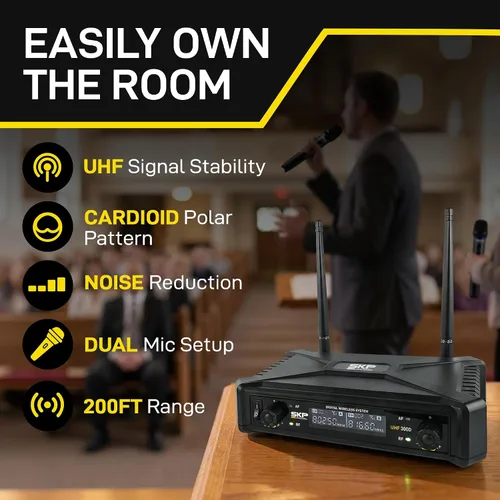 Vista 3 de SKP Pro Audio Sistema de micrófono inalámbrico UHF-300D - Micrófonos inalámbricos de mano dobles con baterías AA, rango de 200 pies, pantalla LCD