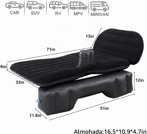 Vista 6 de Colchón de aire para coche, asiento trasero, cama de camping, cama inflable SUV con bomba y almohadas Negro