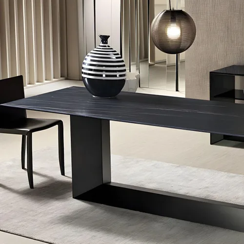 Vista 7 de LAKIQ Mesa de comedor rectangular de piedra sinterizada moderna con parte superior de piedra con doble pedestal de metal para comedor