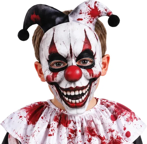 Vista 3 de Disfraz de payaso sangriento para niños, disfraz de Halloween aterrador que incluye máscara y overol Negro & blanco