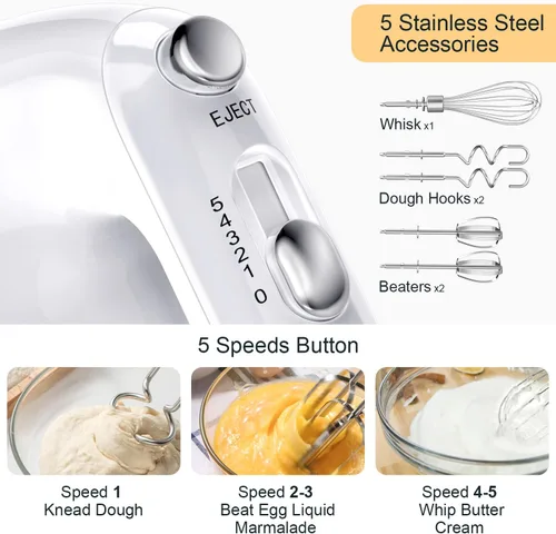Vista 2 de Vezzio - Batidora de mano eléctrica, batidora de mano de cocina de 5 velocidades con botón de expulsión, 5 accesorios de acero inoxidable