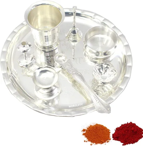 Vista 2 de NOBILITY Pooja Thali - Juego de puja Thali chapado en plata grande de 10 pulgadas para decoración de Diwali, artículos de regalo, festival, étnico