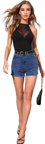Vista 5 de Verdusa Top halter ajustado sin mangas de malla de contraste transparente para mujer