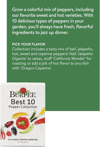 Vista 2 de Colección Burpee Best 10 Paquetes de Mezcla Fresca Sin OGM de Pimiento Picante y Variedades Dulces Jalapeño, Semillas de Pimiento Morrón y Más