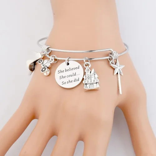 Vista 4 de PLITI Pulsera ajustable de acero inoxidable con texto en inglés "She Believed She Could So She Did", regalo para fanáticos de hadas
