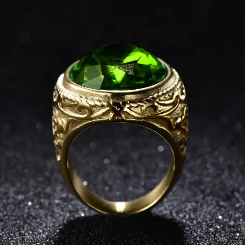 Vista 5 de MASOP Joyería de lujo ovalada piedra verde alta calidad acero inoxidable hombres anillos simulados esmeralda tamaño 8-12