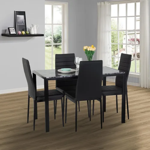 Vista 2 de Juego de mesa y sillas de comedor PayLessHere, moderna mesa rectangular de mármol con tapa y 4 sillas de cuero PU para comedor y cocina, mármol negro