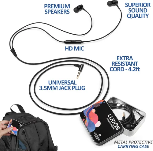 Vista 2 de LUDOS OMNITONE Auriculares con cable in-ear, 5 años de garantía, auriculares con micrófono, conector de 3.5 mm, auriculares con cable