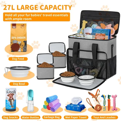 Vista 2 de TORIBIO Bolsa de viaje grande para perros para suministros con cuenco de Gris
