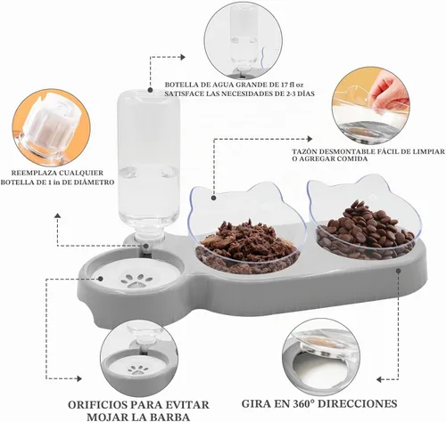 Vista 3 de Cuencos triples para gatos, alimentador de agua 3 en 1 y cuencos de comida con botella de agua automática, aptos para bigotes, platos de Plomo blanco