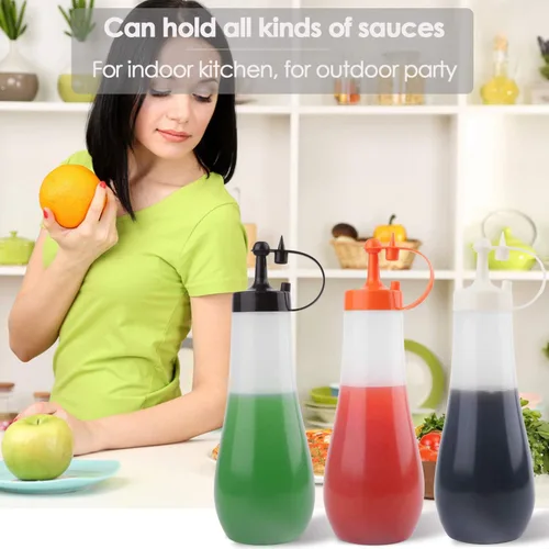 Vista 8 de Botella de condimento, para salsa, para cocina, jarabe de plástico, para ensalada, aderezo, dispensador de alimentos, para aceite de salsa picante