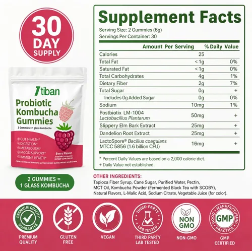 Vista 7 de Probiotic Kombucha Gummy, mujeres y hombres, sabor a bayas, 60