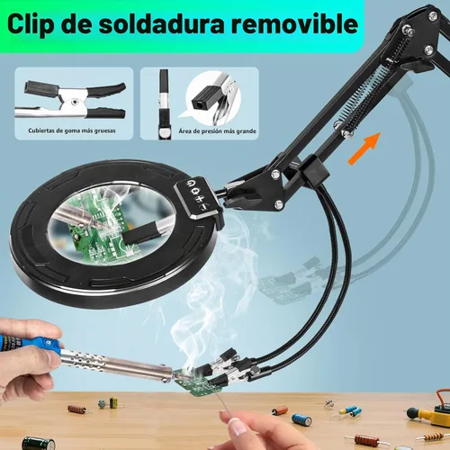 Vista 2 de Lupa ultra larga de 3 secciones con brazo de 3 secciones con luz y soporte, lupa iluminada LED con manos que ayudan Lámpara de escritorio