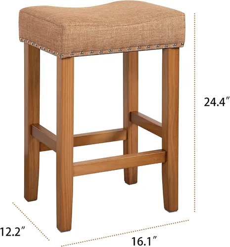 Vista 2 de Juego de 2 taburetes de bar de madera maciza con tela de cojín suave, altura de mostrador, taburetes de bar para interiores, 2 unidades (caramelo)