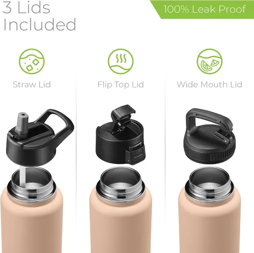 Vista 133 de SIPX™ Botella de Agua Aislada de 18 oz con 3 Tapas – Acero Inoxidable a Prueba de Fugas, Triple Aislamiento – Frío 24 Horas/Caliente 12 Horas – Negro