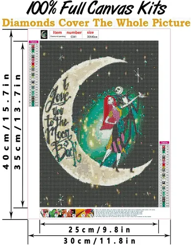 Vista 4 de honrtreb - Pintura de diamante 5D para adultos, kit de pintura de diamantes Jack y Sally con luna, kit de arte redondo de diamantes de taladro