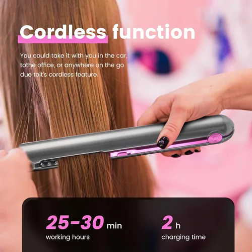 Vista 3 de Plancha plana inalámbrica, mini alisadora de pelo y rizador para sobre la marcha, tamaño de viaje portátil, tamaño de viaje, recargable USB-C
