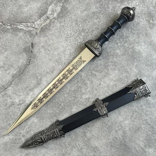 Vista 4 de Espada decorativa de Gladius romano de 17 pulgadas con grabado celta medieval Metal para Diaplay, colección, regalo, decoración del hogar, borde
