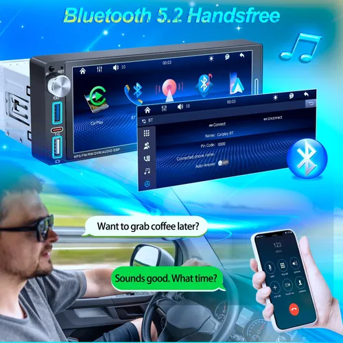 Vista 6 de Radio de pantalla táctil monodinar, estéreo HD IPS de 6.9 pulgadas con Apple CarPlay inalámbrico y Android Auto, Bluetooth 5.2, perilla física