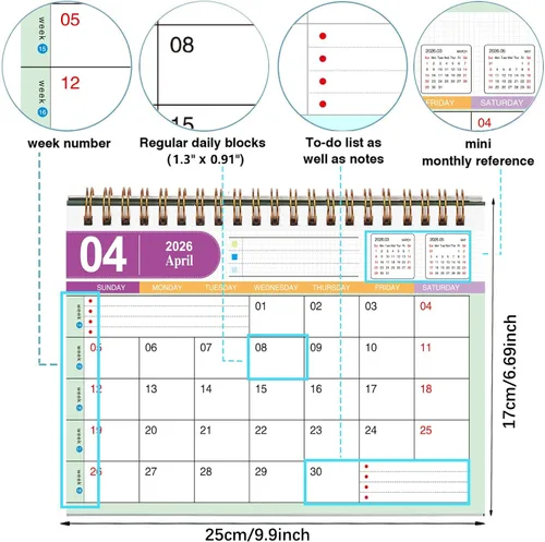 Vista 5 de Calendario de escritorio grande 2026, calendario mensual de escritorio de 9.9 x 8.7 pulgadas de pie desde ahora hasta diciembre de 2026, calendario