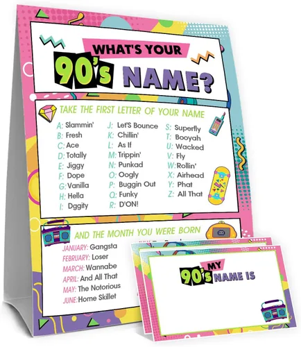 Vista 33 de ¿Cuál es tu nombre de los años 50 Juego, 1 señal de doble cara y 30 tarjetas adhesivas, Juegos de fiesta de cumpleaños retro para niños y adultos