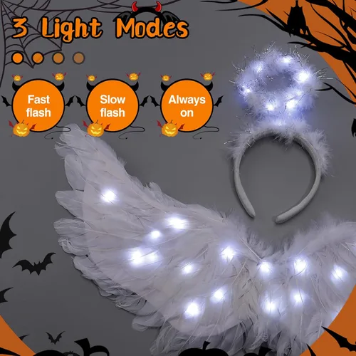 Vista 5 de Alas de ángel y halo LED de Halloween, alas de cupido de hadas blancas con halo de ángel iluminado para niñas, niños, adultos, mujeres, disfraz