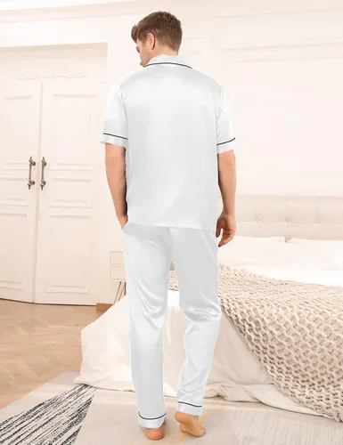 Vista 4 de SWOMOG Mens Satin Pajama Set Short Sleeve Classic Sleepwear Button Down Silky Loungewear with Long Pants