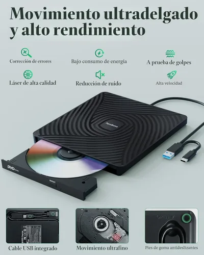 Vista 8 de PeroBuno Unidad externa de CD DVD, unidad óptica USB 3.0 tipo C, lector de discos CD ROM DVD ultradelgado de 0.5 pulgadas, portátil