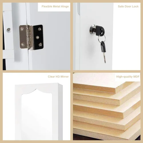 Vista 8 de CHARMAID Armario de joyería de 5 luces LED montado en la pared o en la puerta armario de joyería con cerradura con espejo de longitud completa y 6