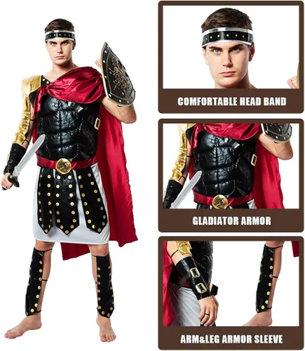 Vista 4 de ReneeCho Disfraz de gladiador romano para hombre disfraz de Halloween para adultos soldado guerrero armadura espartana
