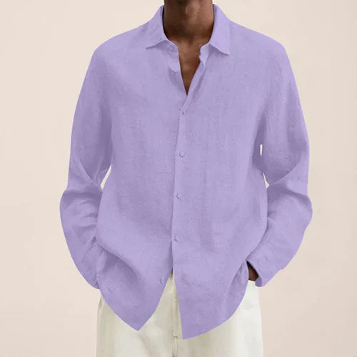 Vista 2 de Mens Shirts Summer Cotton Linen Long Sleeve Button Down Shirt Casual Stylish Solid Work Shirt Trendy Clothes 2023
