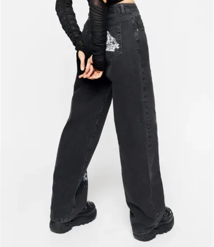 Vista 4 de HOXIJIA Pantalones de mezclilla de pierna ancha de cintura alta para mujer, con estampado Y2K, holgados, dobladillo acampanado, pantalones elásticos
